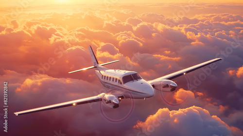 Private Jet Flying Above the Clouds at Sunset in Serene Sky