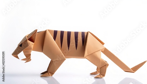 Animal extinct mammal concept origami isolated on white background of a saber toothed tiger, with copy space, simple starter craft for kids
