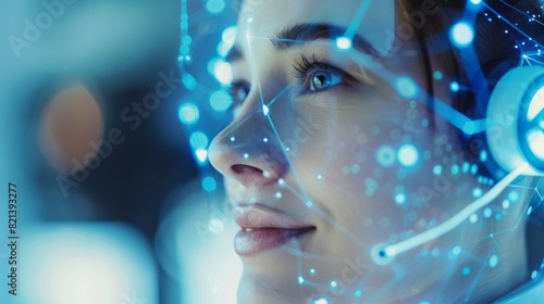 A cuttingedge moment captured as a woman wears an advanced augmented reality headset, showcasing the fusion of technology and humancomputer interaction in a futuristic digital interface