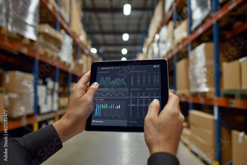 Improving warehouse inventory management with digital technology using tablets for data logging, stock analysis, and modern storage enhances efficiency, automation, and operation control in logistics