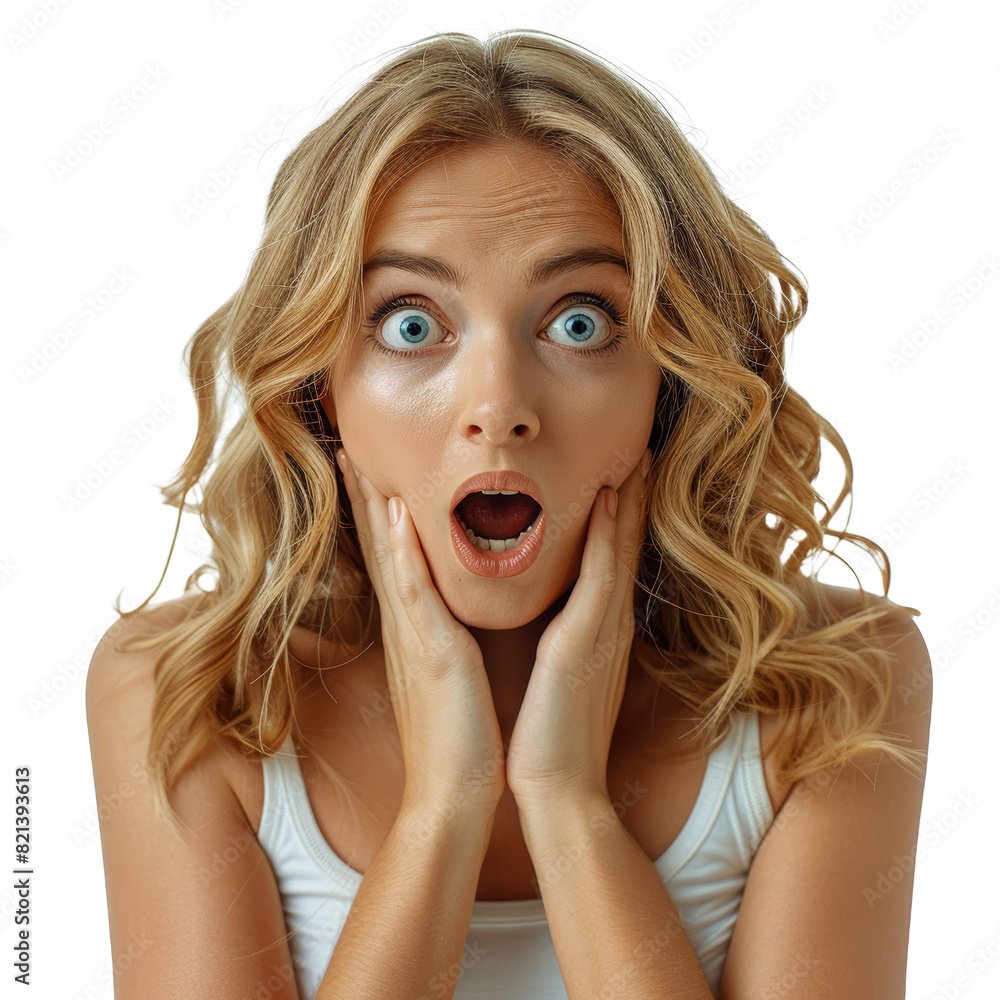 A woman's expression of shock, extracted from the backdrop, isolated with no background. Concept of disbelief. Generative Ai. A woman's expression of shock, extracted from the backdrop, isolated with no background. Concept of disbelief. Generative Ai.