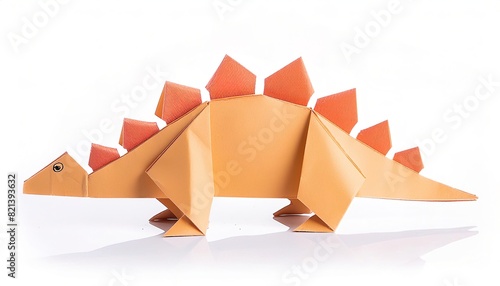 Animal extinct reptile or bird concept origami isolated on white background of a stegosaurus dinosaur with protective back plates or shields  with copy space  simple starter craft for kids