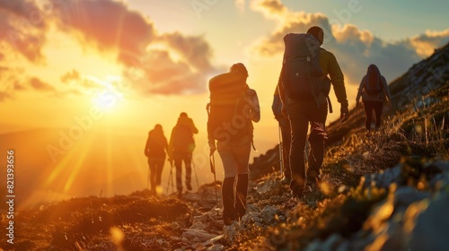 Group of hikers with backpacks walking up a mountain trail at sunset  sun casting golden rays.