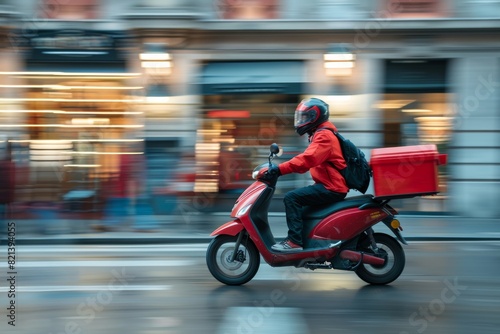 A fastpaced delivery rider on a red scooter in motion embodies the dynamic urban life and transportation services industry, swiftly navigating city streets to provide quick delivery services © YURIMA