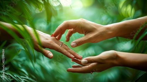 Manicured hands reaching out through lush green foliage, surrounded by vibrant leaves in a serene, nature-inspired setting