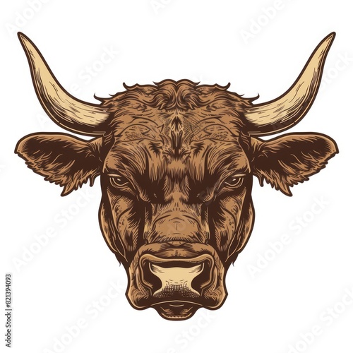 Detailed illustration of a strong, angry horned bull mascot for butcher shop, vector graphic of a farm animal on white background
 photo