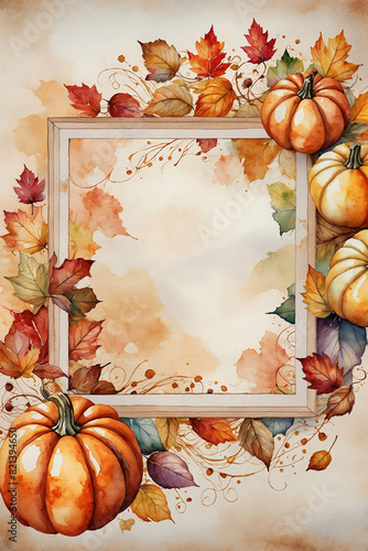 Watercolor fall Thanksgiving background with autumn leaves and pumpkins, copy space, generated AI.