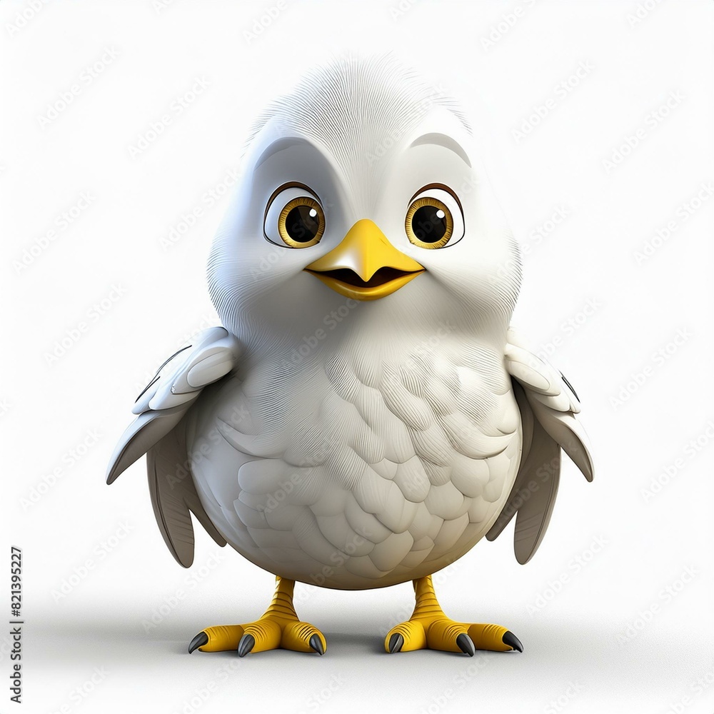 Obraz premium Adorable white baby chick. Cute baby chicken 3d cartoon character with full body, big eyes and white feathers. Isolated on a white background.
