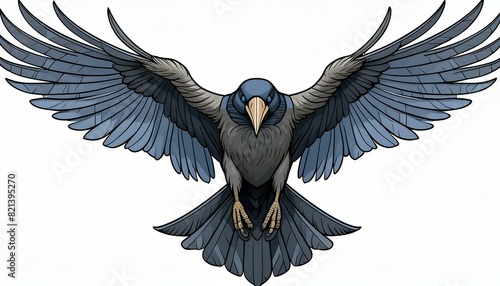 Black raven with outstretched wings, illustration. Isolated on a white background.