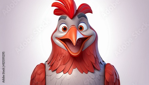 Funny and cute rooster character cartoon drawing with a 3d effect. Chicken is happy and looks like he is talking. Big eyes and mostly red and gray coloring.