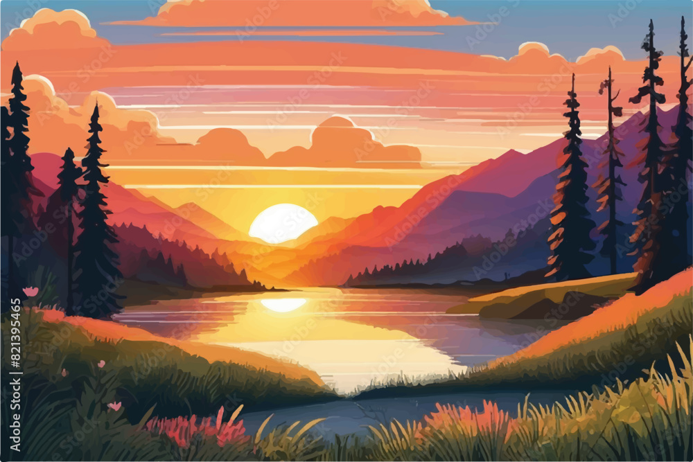 Sunrise in a beautiful nature landscape. Vector illustration Background.  Serene Sunrise. Nature. Lake. 