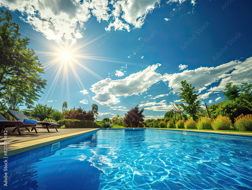 Obraz premium Poolside Backyard on Sunny Day, Generative AI Illustration