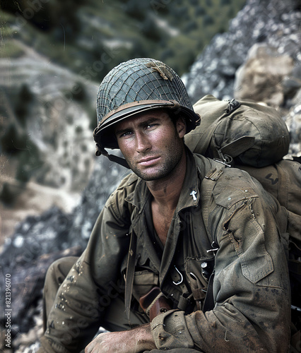 Vintage black and white recolored portrait of a U.S. Marine.