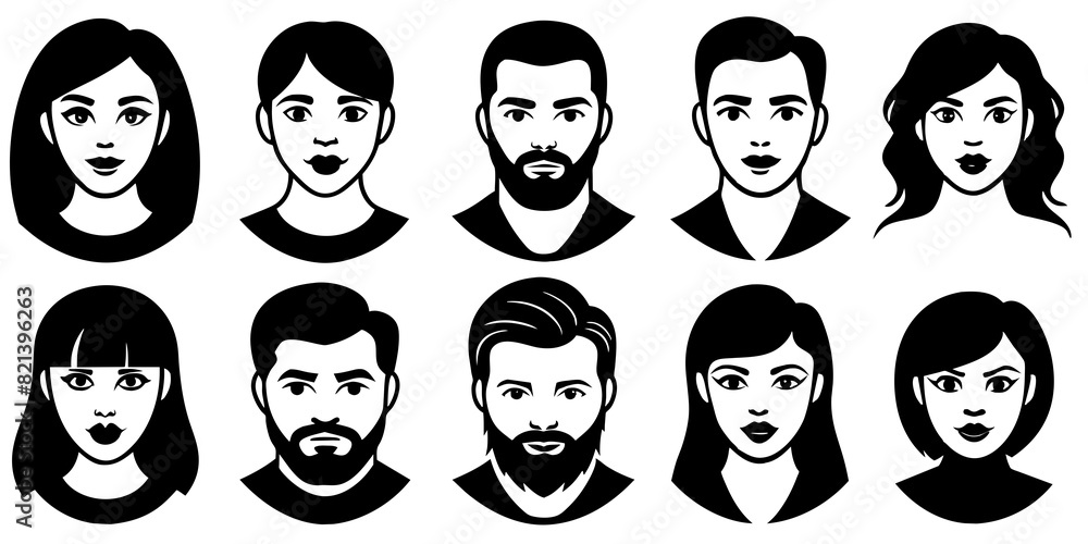 A vector illustration depicting male and female face silhouettes or icons, serving as avatars or profiles for unknown or anonymous individuals. The illustration portrays a man and a woman portrait. A vector illustration depicting male and female face silhouettes or icons, serving as avatars or profiles for unknown or anonymous individuals. The illustration portrays a man and a woman portrait.
