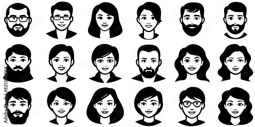 A vector illustration depicting male and female face silhouettes or icons, serving as avatars or profiles for unknown or anonymous individuals. The illustration portrays a man and a woman portrait. A vector illustration depicting male and female face silhouettes or icons, serving as avatars or profiles for unknown or anonymous individuals. The illustration portrays a man and a woman portrait.