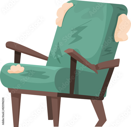 Illustration of an old green armchair with wear and tear, signifying age and use