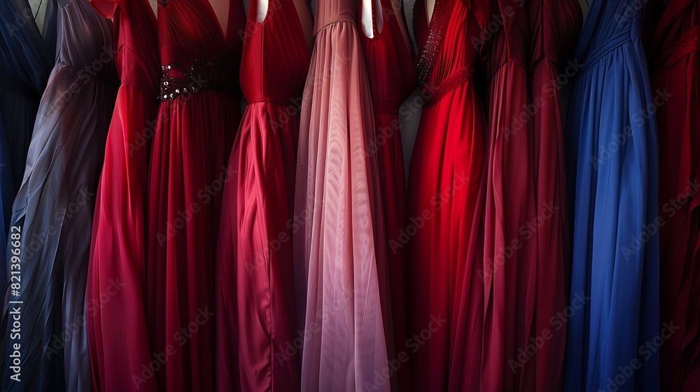 A rack of glamorous evening gowns in shades of ruby red and midnight blue, each one featuring a plunging neckline and a flowing chiffon skirt