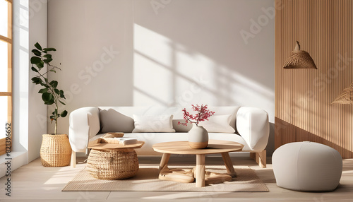 Modern interior japandi style design livingroom. Lighting and sunny scandinavian apartment with plaster and wood. 3d render illustration. photo