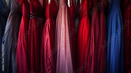 A rack of glamorous evening gowns in shades of ruby red and midnight blue, each one featuring a plunging neckline and a flowing chiffon skirt © Apexan Graphics