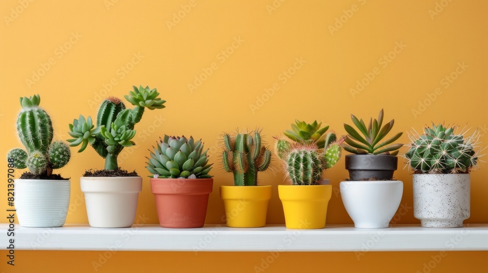 Fototapeta premium Group of various indoor cacti and succulent plants in pots isolated on a white background