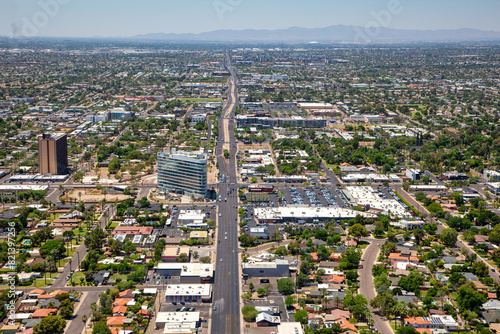 Aerial view looking west along Camelback Road towards Central Ave in Phoenix, Arizona