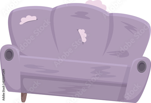 Illustration of a wornout purple sofa in a shabby chic living room interior with damaged upholstery, faded color, and torn fabric, in need of replacement