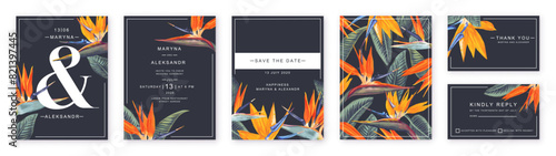 Floral wedding invitation card design template, bright Strelitzia flowers. Design template with high detail, vector, realistic tropical flowers. Place for text. Save the Date and RSVP Collection.
