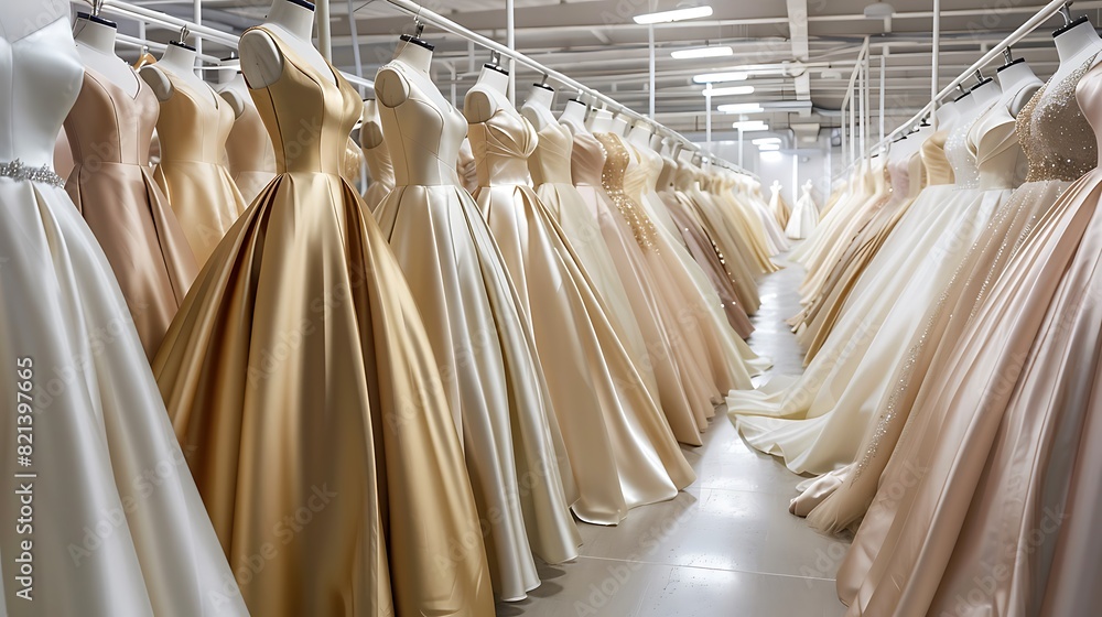 Rows of elegant satin wedding dresses in shades of ivory and champagne, each one featuring a fitted bodice and a full, flowing skirt