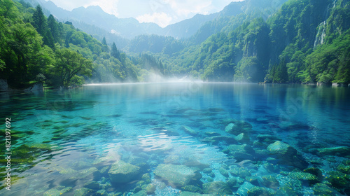 Crystal clear lake under a blue sky - Vivid and peaceful landscape of a crystal clear lake with rocks visible underwater and lush hills in the background