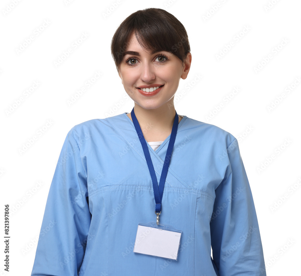Portrait of smiling medical assistant on white background Portrait of smiling medical assistant on white background