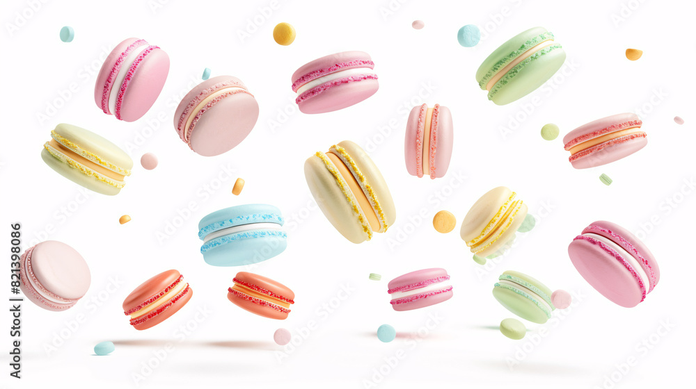 Colorful Flying Macarons with Candies Isolated on White Colorful Flying Macarons with Candies Isolated on White