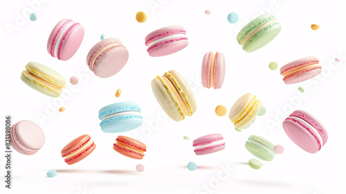 Wallpaper Mural Colorful Flying Macarons with Candies Isolated on White Torontodigital.ca