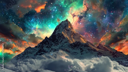 A breathtaking view of a majestic mountain peak with vibrant, colorful skies and celestial formations in the background.