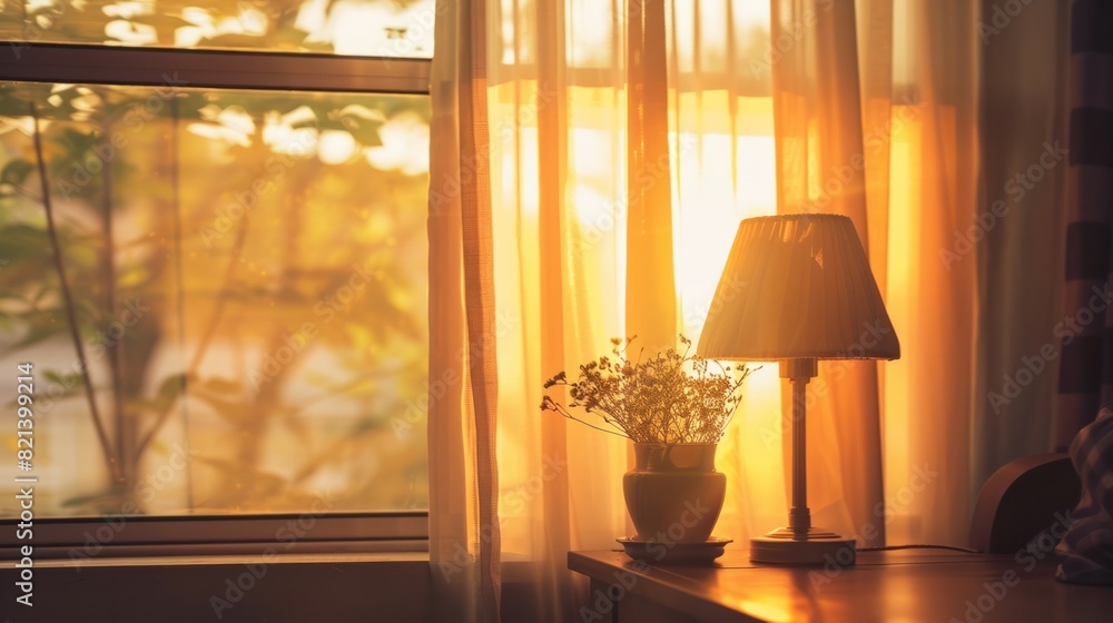 a table lamp with a warm light bulb or natural light filtered through sheer curtains generative ai a table lamp with a warm light bulb or natural light filtered through sheer curtains generative ai