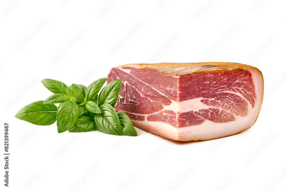 Delicious Serrano ham, cured jamon iberico, isolated on white background Delicious Serrano ham, cured jamon iberico, isolated on white background