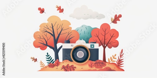 Wallpaper Mural Illustration of a camera surrounded by autumn trees and leaves, capturing the essence of fall season in vibrant colors. Torontodigital.ca