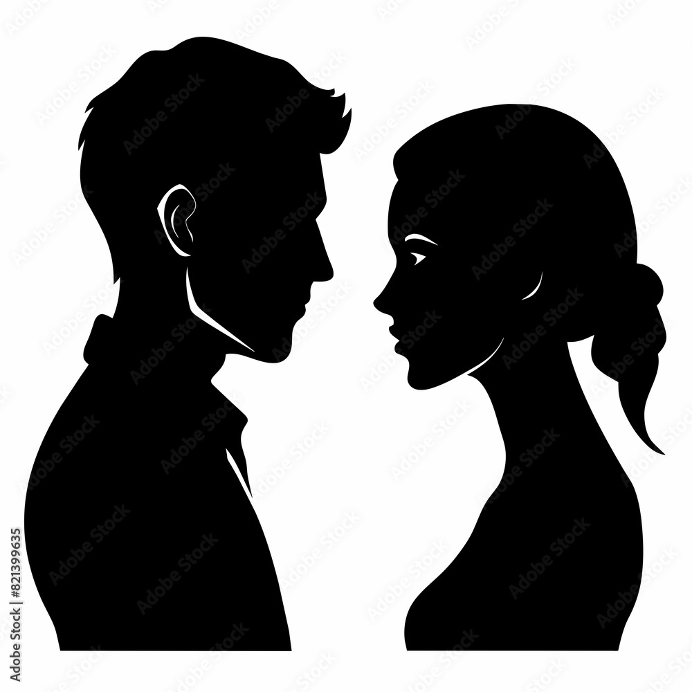 Man and woman face to face profile isolated on white background  