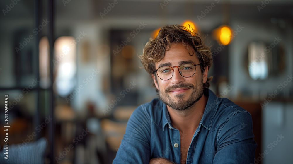 Portrait of handsome man with glasses sitting at table in apartment and looking to camera smiling, soft focus photography, professional color grading, clear sharp focus Portrait of handsome man with glasses sitting at table in apartment and looking to camera smiling, soft focus photography, professional color grading, clear sharp focus