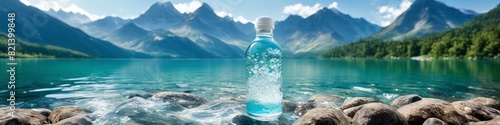 The tranquil beauty of a mountain lake in summer is distilled into the simplicity of a transparent water bottle, creating an abstract representation of freshness and nature.