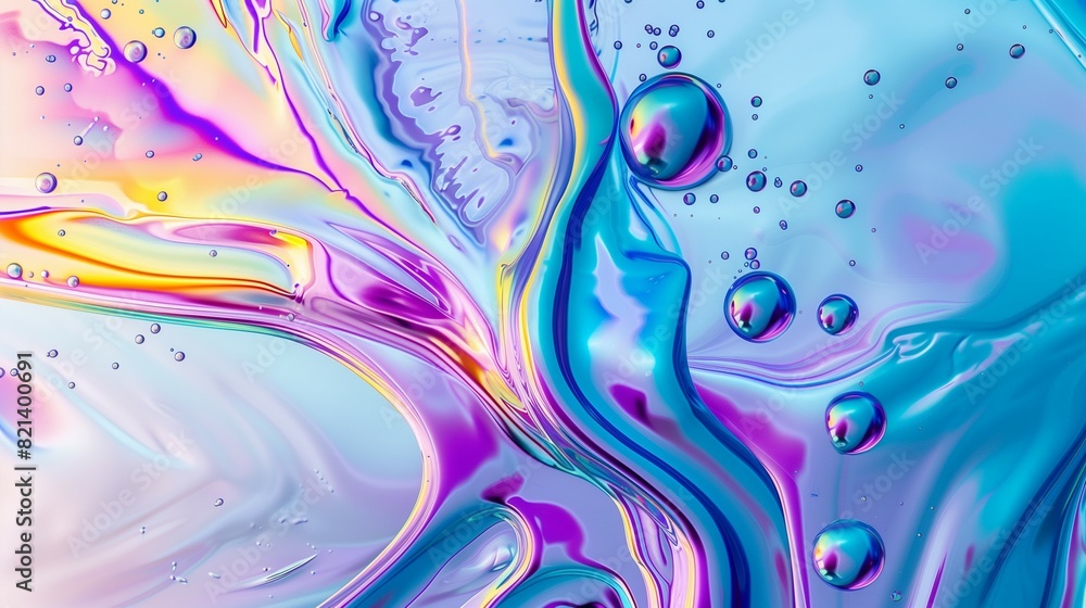 This image features a vibrant abstract pattern with pink and blue hues and various sized bubbles, creating a fluid art effect.