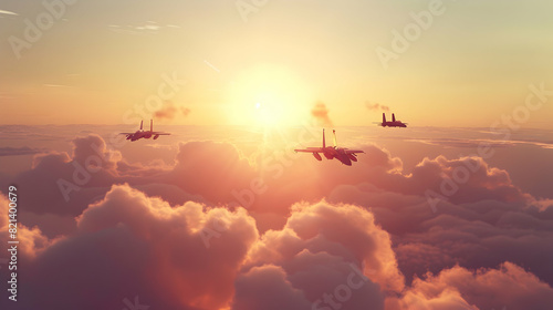 Aircraft fighter jets smoke the background of sky and sun photo