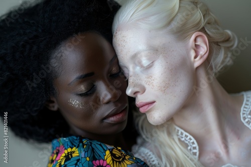 International Albinism Awareness Day, albino girl in dark-skinned African woman with closed eyes, beauty diversity photo