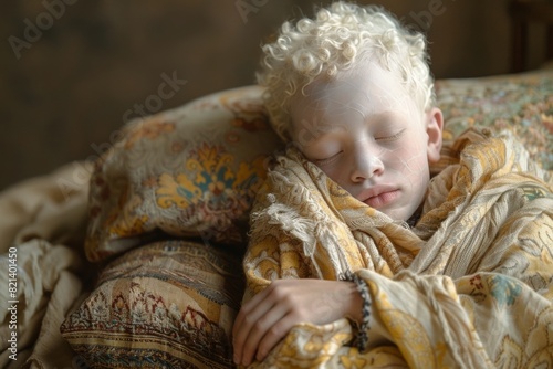 International Albinism Awareness, sleeping albino boy with freckles under a blanket. The problem of genetic diseases photo