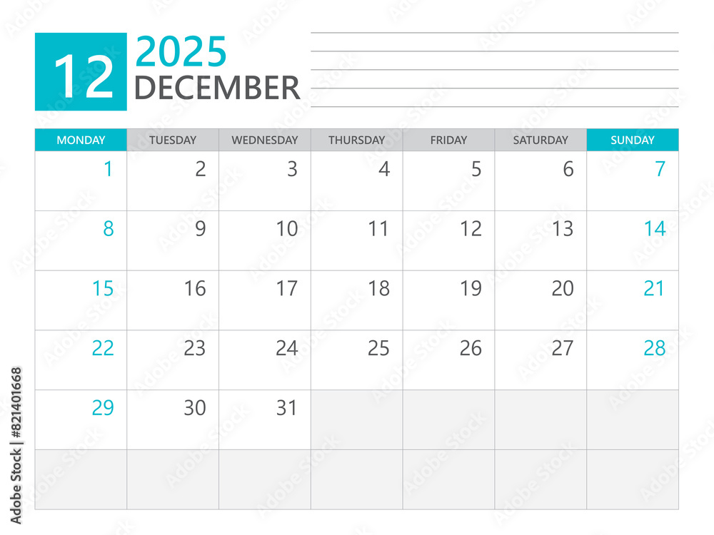 December 2025 template, Calendar planner 2025, week start on Monday, Desk calendar 2025 year, simple planner and clean design, Wall calendar design, Corporate planner template, print media vector December 2025 template, Calendar planner 2025, week start on Monday, Desk calendar 2025 year, simple planner and clean design, Wall calendar design, Corporate planner template, print media vector