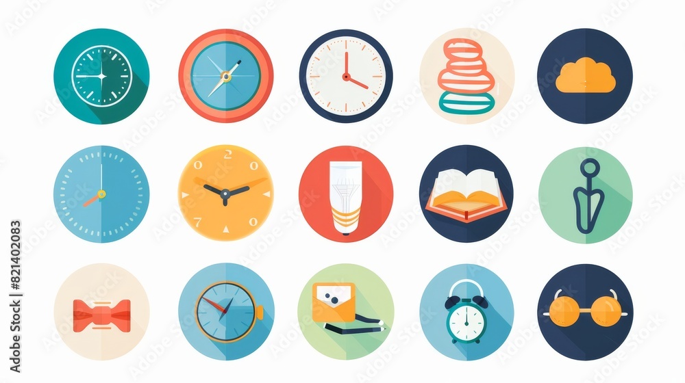 Set of cute illustrations with women sitting and meditating, plants, fruits and clock for wellbeing or design projects Set of cute illustrations with women sitting and meditating, plants, fruits and clock for wellbeing or design projects