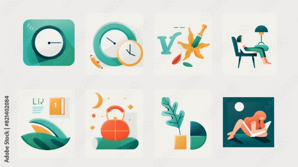 Fototapeta premium Set of cute illustrations with women sitting and meditating, plants, fruits and clock for wellbeing or design projects