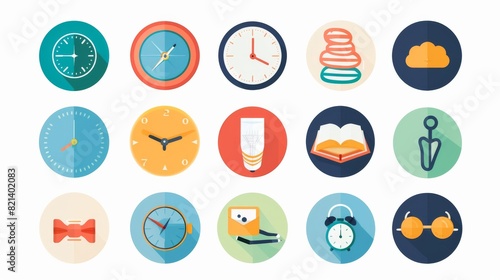 Set of cute illustrations with women sitting and meditating, plants, fruits and clock for wellbeing or design projects