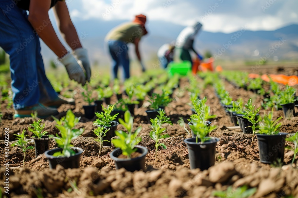 Agricultural workers planting seedlings in a farm Agricultural workers planting seedlings in a farm