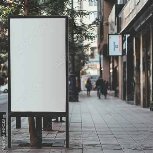 A blank empty canvas poster screen board hanging on a pavement at the city center. 