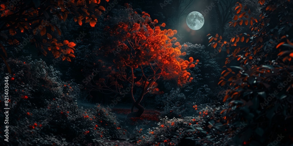 Photography, nature, landscape, night, forest, red leaves, moonlight, serene, mystical, autumn, dramatic, full moon. Photography, nature, landscape, night, forest, red leaves, moonlight, serene, mystical, autumn, dramatic, full moon.